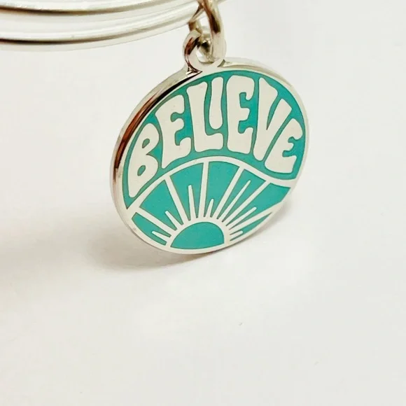 Alex and Ani Shiny Silver Bracelet with Teal 'Believe' Charm - Picture 5 of 7